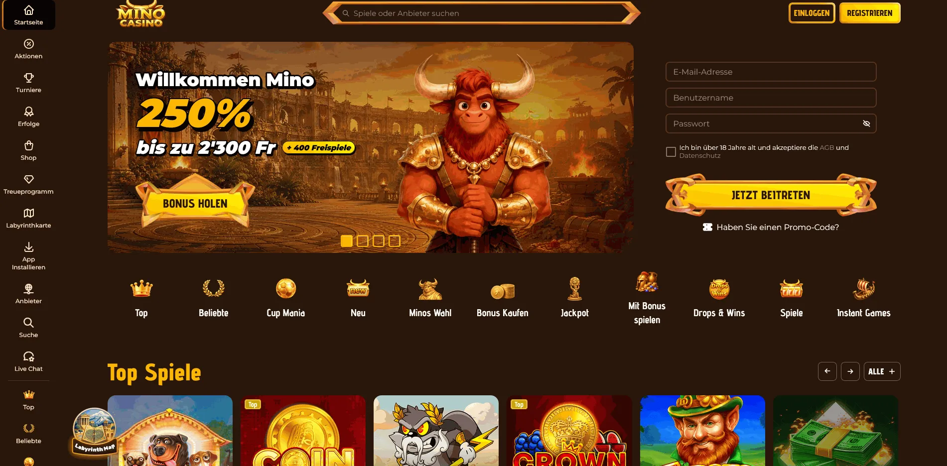 Angebote des Mino Casinos Startseite des Mino Online Casinos